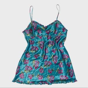 Victoria’s Secret Angels Turquoise And Pink Floral Satin Like Empire Chemise S/S